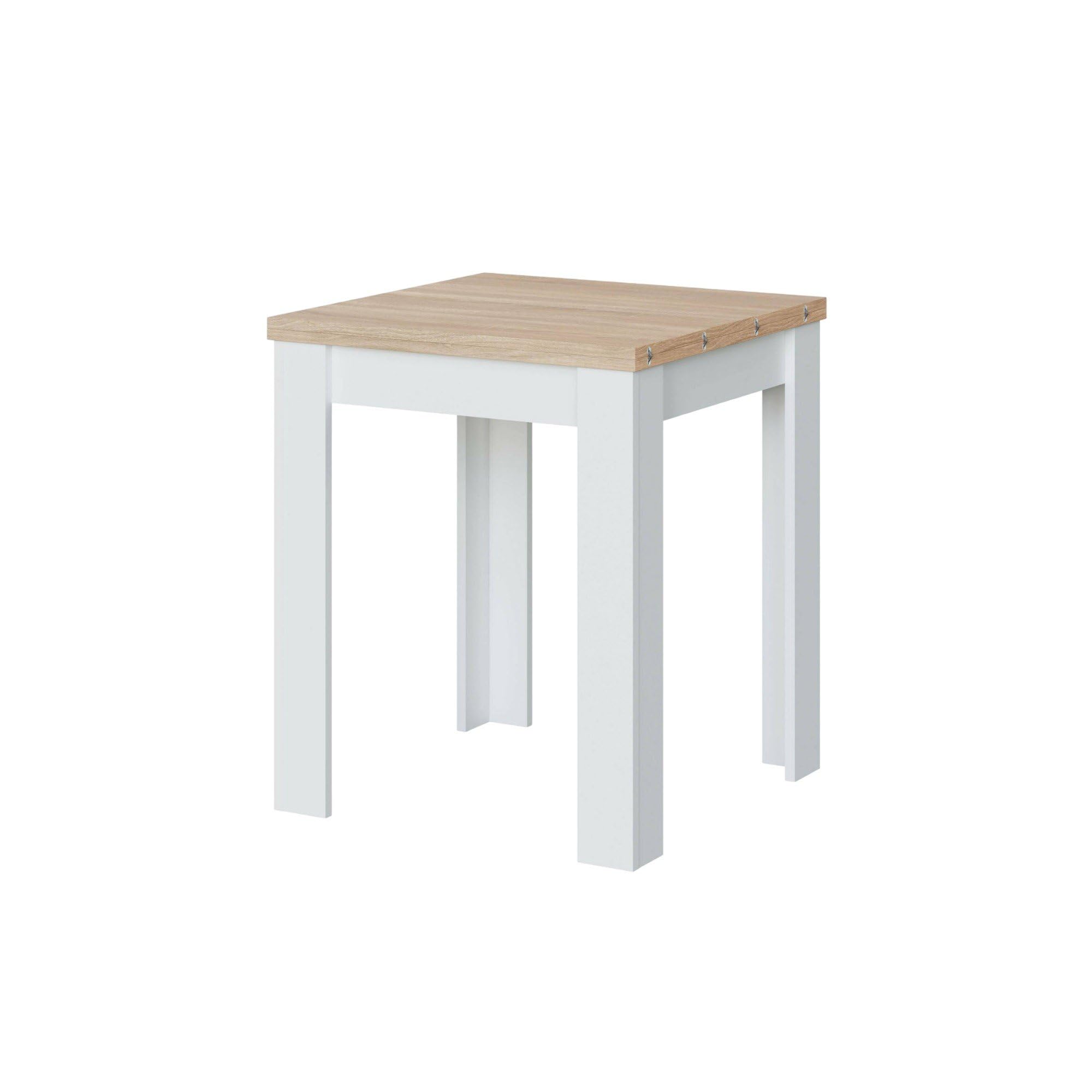 Dmora - Tavolo allungabile Newark, Ripiano da pranzo pieghevole apertura a libro, Tavolo ausiliario richiudibile, 67x67/135h79 cm, Bianco e Rovere