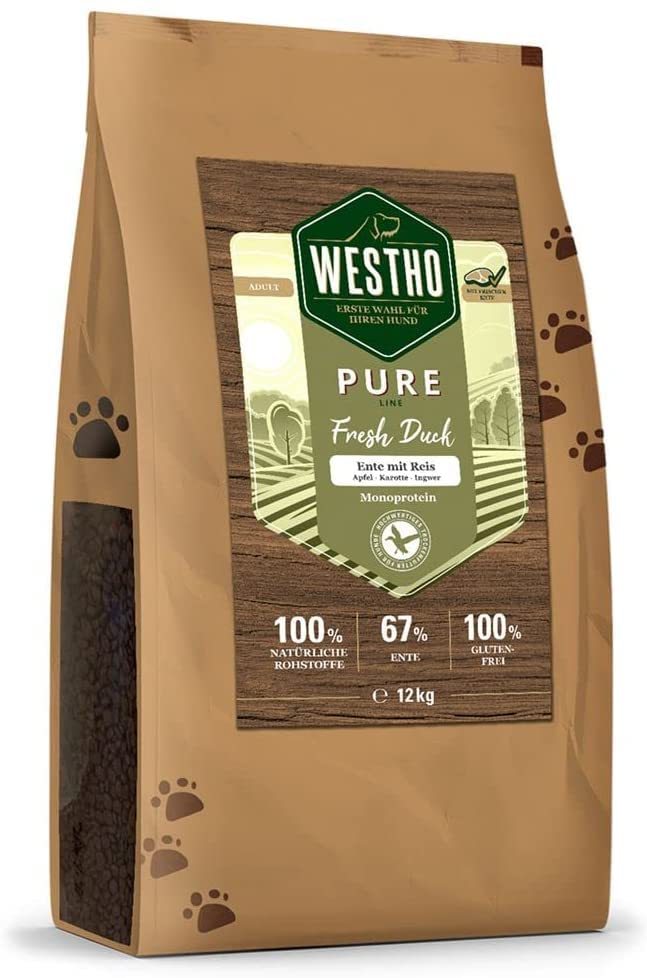WESTHO Trockenfutter Pure Ente & Reis 12 kg | 67% Ente in Lebensmittelqualität | Getreidefrei | Bei Unverträglichkeiten und Allergien | Für Jede Rasse und Alter geeignet