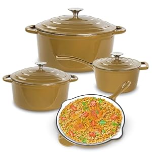 Lot45 Enameled Cast Iron Cookware Set – 7 Piece Non-Stick Ceramic Coated Cast Iron Skillet, Saucepan, and Dutch Oven Stove and Oven Safe Pan Set for Cooking – Heavy Duty Easy Care Glazed Cast Iron
