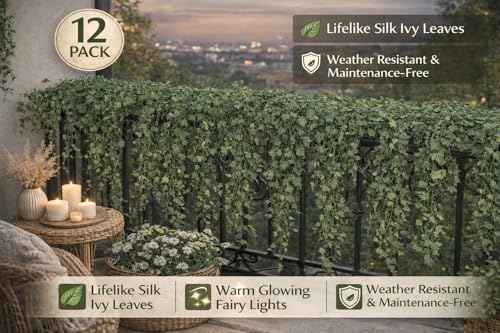 Image of DL Artificial Leaves Ivy Garland-Set of 12 (Each 2.4M, 30 Leaves) | 360 Leaves Total | Fake Green Creeper for Wall, Balcony, Wedding & Party Decoration |Realistic Hanging Vines for Home Decor