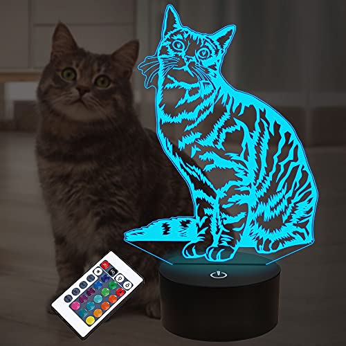 Chat Pet Cadeaux pour Enfants Filles, 3D Illusion LED Lampe Chat Veilleuse avec Télécommande 16...