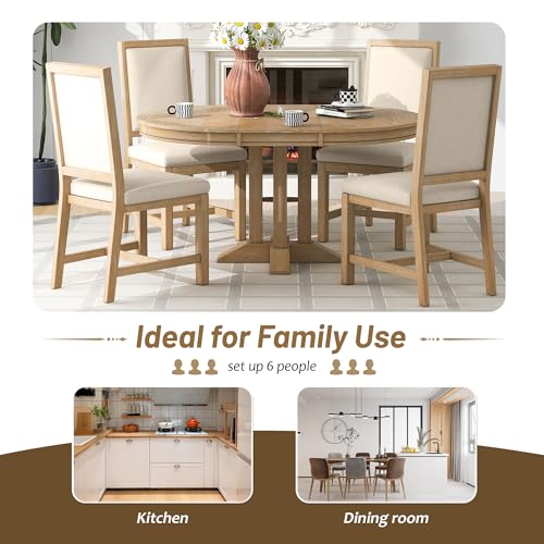 5-Piece-Farmhouse-Wood-Dining-Set-with-Extendable-Round-Table-and-4-Upholstered-Chairs-for-Kitchen-Breakfast-Nook-Living-Room-Natural-42-56-L-x-42-W-x-30-H 5 Piece Farmhouse Wood Dining Set with Extendable Round Table and 4 Upholstered Chairs for Kitchen Breakfast Nook Living Room Natural 42 56 L x 42 W x 30 H