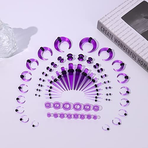 Jstyle 68 Pieces Ear Stretching Kit 14G-04G, Acrylic Tapers Plugs, Acrylic C Shape Pincher Tapers, Silicone Tunnels, Ear Gauges Expander Set Body Piercing Jewelry Purple #TOP2