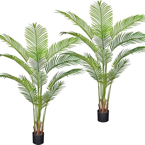 5FT Artificial Palm Tree Plant with Natural Trunks and 12 Real Touch Leaves Fake Palm Tree with Stable Pot Faux Palm Plant for Home Office Indoor Outdoor Modern Decor Housewarming (2 Pack) Cover