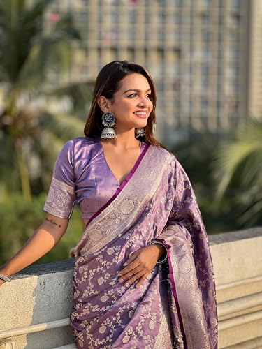 Image of Banarasi Satin Silk Zari Woven Dusty Color Saree with Unstitched Blouse Piece