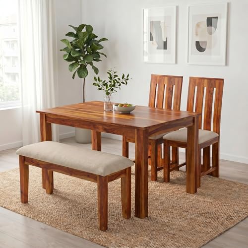 Image of SONA ART & CRAFTS Poster Sheesham Wood Dining Table Set 4 Seater Dinner Dinning Table with 2 Cushion Chair with 1 Bench for Dining Furniture for Living Room Home Hotel Office (Natural)