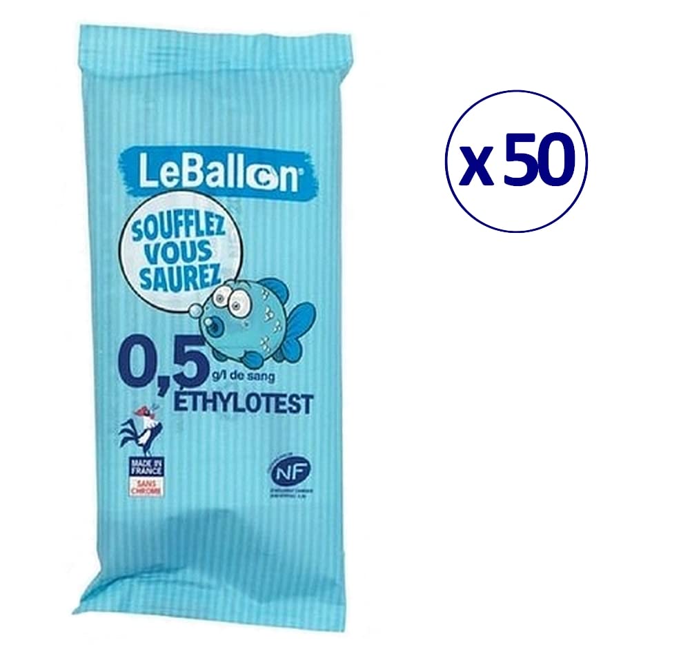 ETHYLOTEST CONTRALCO Le Ballon certifié Label NF X20702 - Taux 0,5 g/l - Lot de 50 ex - sans Chrome - Produit Français - Alcootest à Usage Unique - Validité 07/2028