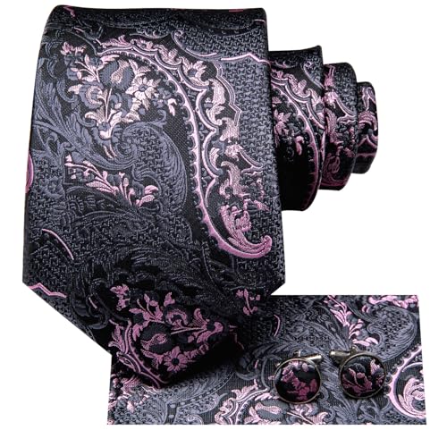 Image of Hi-Tie Paisley Floral Ties Set for Men Silk Mens Stripes Necktie Pocket Square Cufflinks Set Formal Business