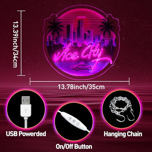 Image of Pink Vice City Neon Sign - Dimmable Led Neon Sign for Bedroom 13.78 x 13.39 Inch,USB Powered for Gaming Room Bar Party Indoor Girl Pub Man Cave Kids Room Decoration Birthday Party Gifts