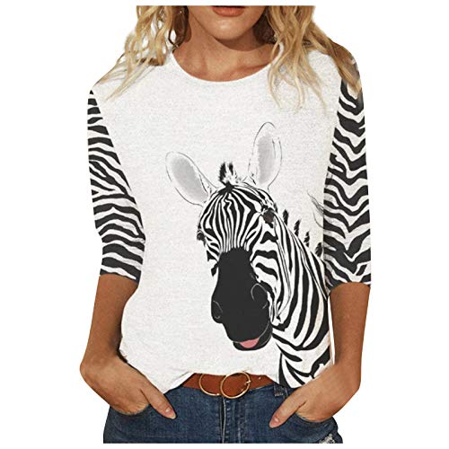 3 4 Sleeve Shirts for Women 3D Tiger Zebra Cat Riding Arabbit Print Loose Fit Funny Graphic Tee Cute Tshirt Tops Black
