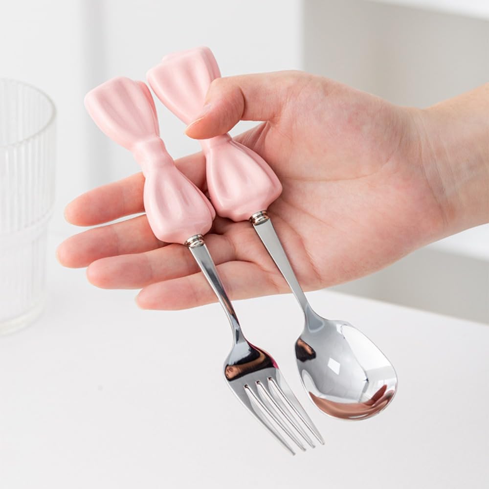 Bowknot Manico in Ceramica Cucina in Acciaio Inox Argenteria Stoviglie Posate Set Posate Bistecca Coltello Forchetta Cucchiaio Cucchiaio Cucchiaino (Nero,12 pezzi)