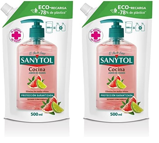 Sanytol - Eco Recarga Jabón de Manos de Cocina, Aroma Pomelo y Limón, Elimina los Malos Olores, Protección Total Contra Agentes Externos, Envase de Alta Resistencia - 500 ml (Paquete de 2)