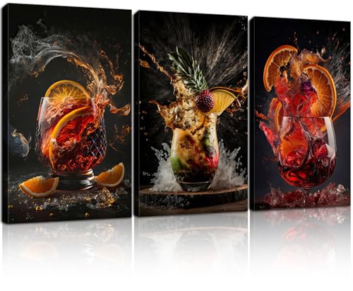3-Piece Framed Canvas Wall Art Wrapped Canvas Cocktail Drink Posters High-Definition Bar Art Prints...