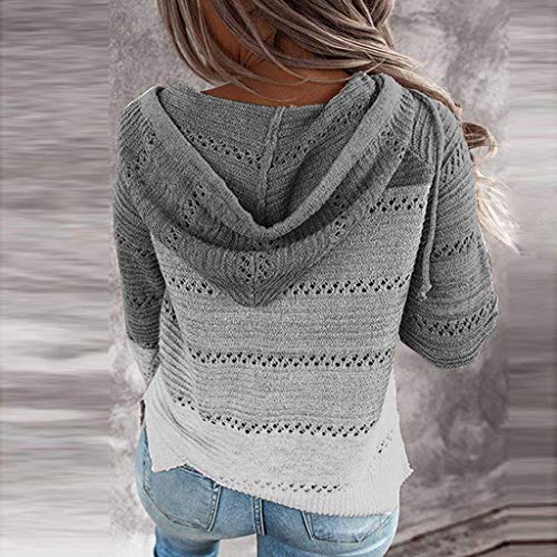 Sweaters for Women Color Block Crochet Sweater Zip Up Hooded Cardigan Lightweight Drawstring Tops with Hood3