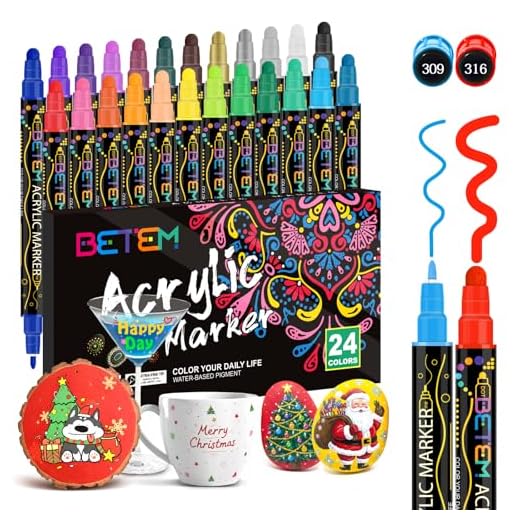 Betem 24 Colors Dual Tip Acrylic Paint Pens Markers, Premium Acrylic Paint Pens for Wood, Canvas, Stone, Rock Painting, Glass, Ceramic Surfaces, DIY Crafts Making Art Supplies
