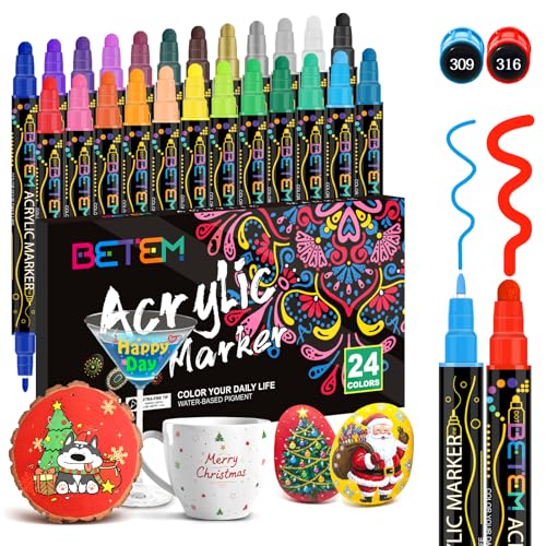 Betem 24 Colors Dual Tip Acrylic Paint Pens Markers, Premium Acrylic Paint Markers Stocking Stuffers...