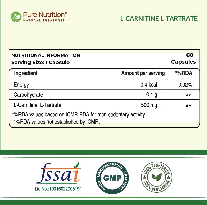 Image of Pure Nutrition L Carnitine L Tartrate | L Carnitine Supplement Capsules for Men & Women | Pre Workout Supplement | Fat Burner & Energy Booster | Supports Fat Metabolism, Muscle Recovery & Performance - 60 Veg Capsules