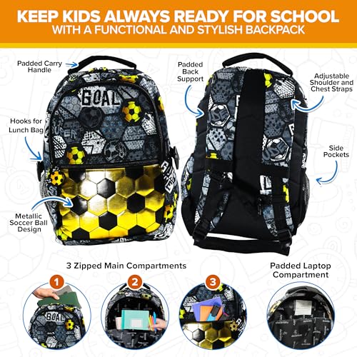 Decorably 2Pc Set Soccer Backpack for Boys with Lunch Bag with Metallic Black and Gold Design, Multi-Compartment Kids Soccer Backpack with Lunch Bag3