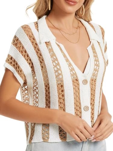 Image of Womens Striped Crochet Sweater Summer Short Sleeve V-Neck Button Knit Tops Y2k Hollow Out Crop Blouse Cardigan