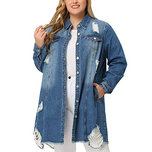 Agnes Orinda Chaqueta vaquera de talla grande para mujer Chaquetas vaqueras clásicas con dobladillo deshilachado desgastado Azul oscuro 4X Cover