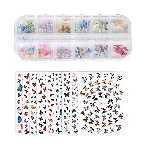 Butterfly Nail Art Set - 48Pcs 3D Butterfly Acrylic Nails and 9 Sheets Butterfly Nail Art Stickers,Colorful Butterfly Ac