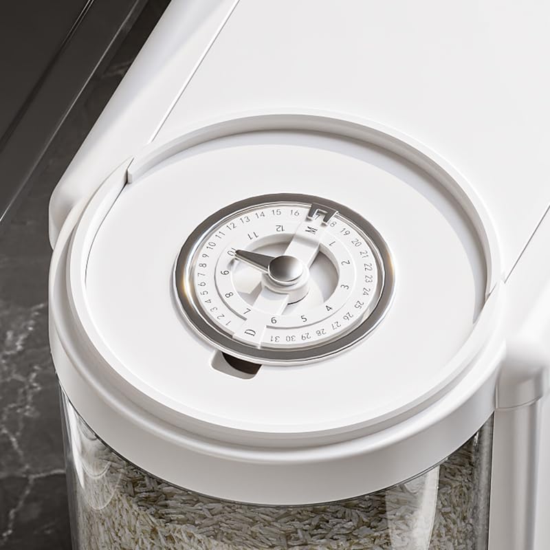 Reisbehälter mit Messbecher, verbesserte integrierte Frischebox, Müsli-Spender, Aufbewahrung mit Deckel, für Zuhause, Küche, Speisekammer, Reis, Sojabohnen, Mais und große Körner, Weiß, 11,3