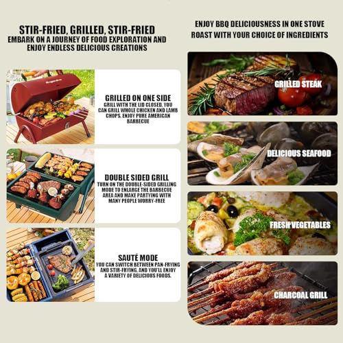 Barbecue portatile 3 in 1 con coperchio per affumicatore, per cottura all'aperto, arrosto, stufatura, ampia area di cottura da campeggio