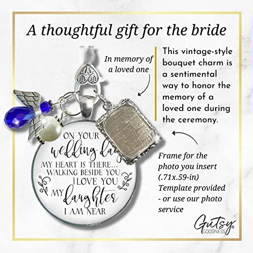 Image of Bouquet Photo Charm Wedding Memory Something Blue Angel - I Know You'd Be Here If Heaven Honor Love One, Silver Finish Handmade Bridal Jewelry White Glass Pendant 2 Frames Gift Message & Box for Bride