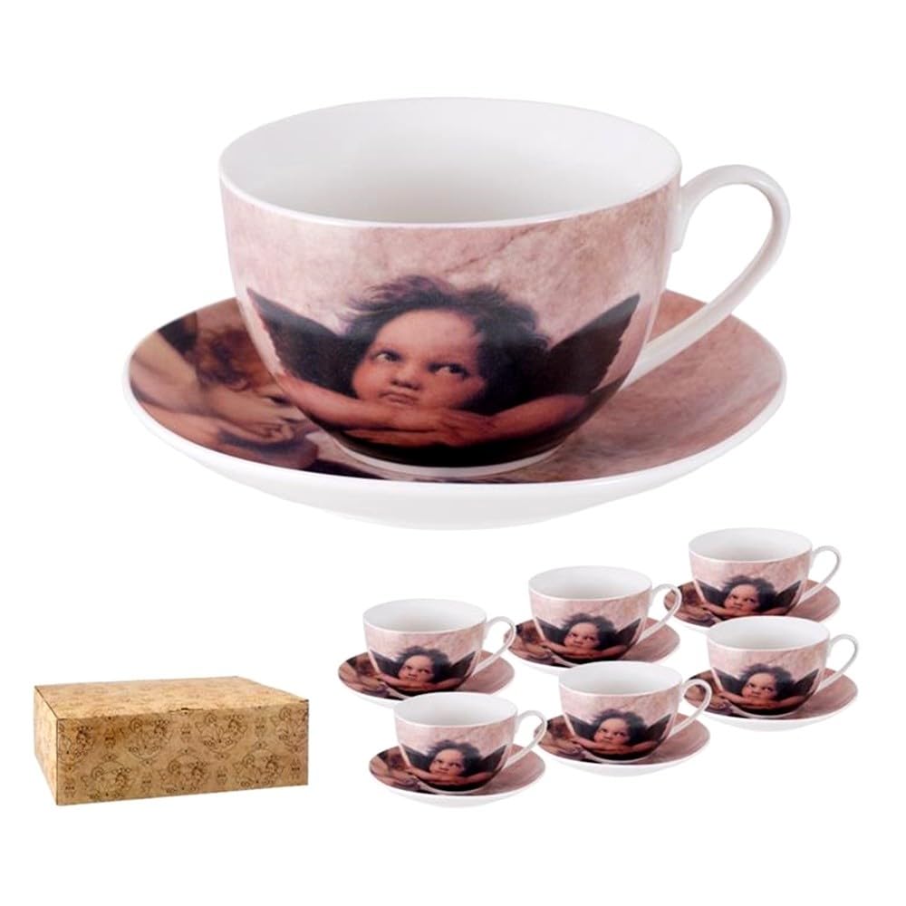 6 Tazas Ángeles Café 250 ml. con plato blancas 8 cm. alto diámetro plato 14 cm.