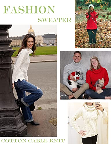 Image of v28 Women's Cotton Turtle Cowl Neck Aran Fishermen Fair Isle Cable Knit Sweater