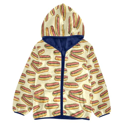 Hot Dog Pattern Toddler Fleece Jacket Girl Boys Hooded Fleece Jacket Coat Warm Outwear Zip-up 3-10T
