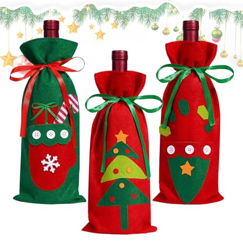 Bolsas Para Botellas De Navidad,Fieltro 3 Piezas Cubierta Para Botella De Vino - Bolsas De Navidad De Tela,Para Niños Y Niñas Fiestas Regalos Dulces Y Embalaje Festivo