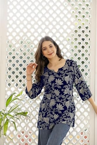 Image of Women's Cotton Printed Short Kurti, Round Neck, Three Quarter Sleeve, Straight Fit, Pack of 2