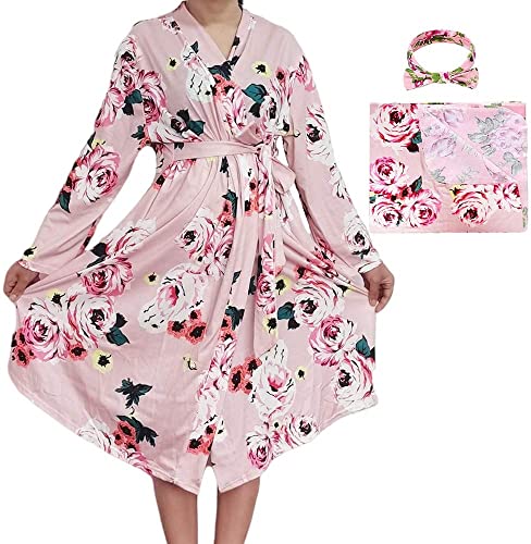 SUFEINI Maternity Robe and Matching Baby Swaddle Blanket Set, Mommy Robe with Receiving Blanket Girls Boys Sleepwear