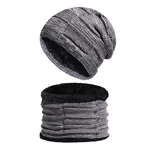 2Pcs Bonnet Hiver Tricot Tour de Cou avec Doublure Polaire pour Homme, 2 en 1 Chapeau Chaud Écharpe Ensemble Beanie Foulard Unisexe Cover