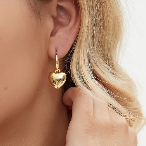 Puffy Gold Heart Earrings for Women 18K Gold Plated 925 Sterling Silver Pearl Hoop Earrings Dangle Hypoallergenic Heart Drop Earrings Jewelry Birthday Gifts for Lover2