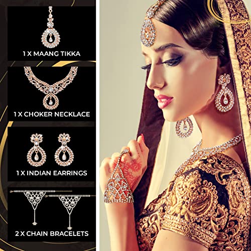 Sureio Indian Jewelry Sets for Women Bollywood Wedding Jewelry Set Choker Necklace Maang Tikka Earrings Rhinestone Bracelet3