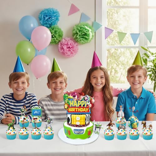 For Toy Movie Story 5 Birthday Cake Topper, Cute Cartoon Cake Decorations Include 1Pcs Happy Birthday Cake Topper and 12Pcs Cupcake Topper for Party Decorations (13Pcs) by Famiresang - Used condition - Image 2