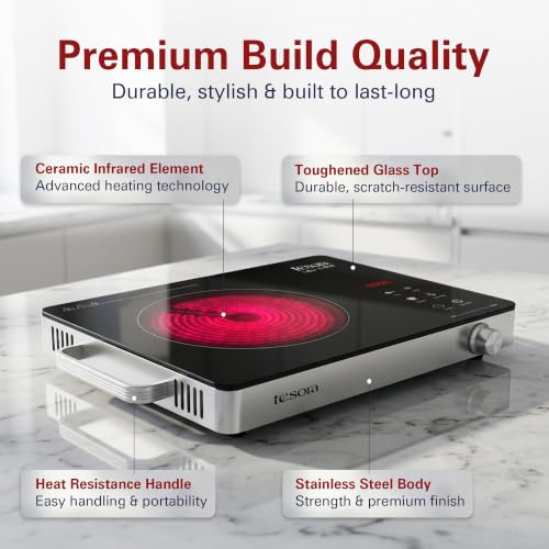 Image of Tesora Infrared Cooktop 2200W by Cook with Parul | Works with All Cookware | Jog Dial + Digital Display | 4 Preset | Grill Rack | Uniform Heating | Crystal Glass Top | Auto Shut-Off