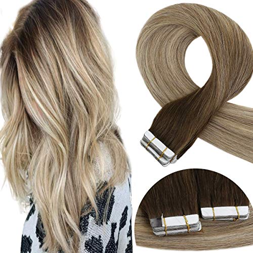 Sunny 18inch Tape in Remy Premium Hair Extensions Dip Dyed Tape in Extensions Dark Brown Fading to #14 and Platinum Blonde Skin Weft Remy Human Hair Extension 2.5g/pc 40pcs