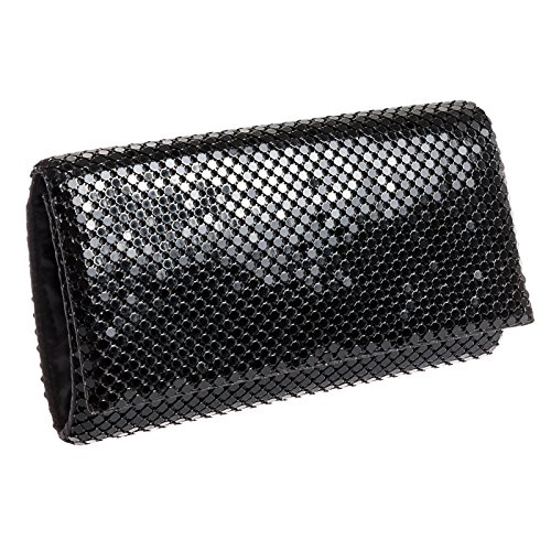 Jessica McClintock Bolsa de mão de malha de metal para noite (11,4 cm x 19 cm x 5 cm, corrente de ombro incluída), Preto, One Size