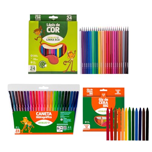 Kit Escolar Volta Aulas Lápis De Cor 24 Cores + Canetinha 24 Cores + Giz De Cera 12 Cores