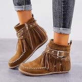 Fringe Boots for Women Western Cowgirl Ankle Boots Suede Round Toe Flats Pull On Short Boots with Tassels Retro Winter Low Heel Ankle Booties