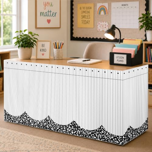 Image of 6FT Composition Notebook Table Skirt Spiral Notebook Teacher Desk Skirt for Classroom Decor Rectangle Table Cloth Black and White Desk Cover for Back to School Party Supplies Office Bookcase Cabinet