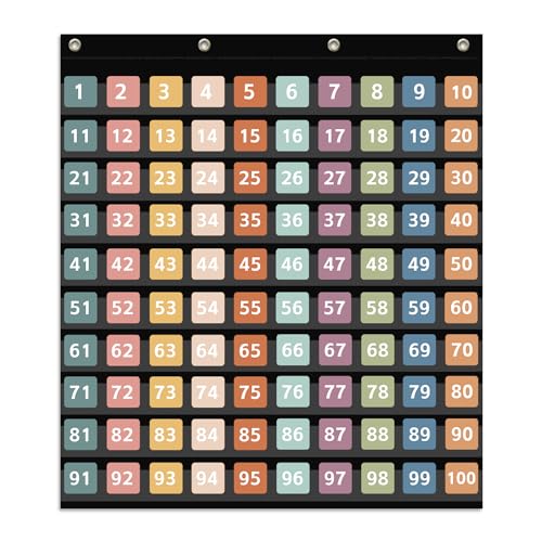 ANCOMEDO Hundred Pocket Chart with 100 Pockets and 150 Pieces Boho Double-Sided Number Cards,Number 1-100 Pocket Chart for Students Classroom Home Counting and Organizer (Black-100 Pockets)