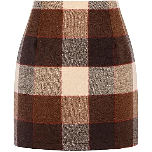 Kinghua Womens Wool Plaid Mini Skirt Fall Winter High Waisted Bodycon Pencil Skirt