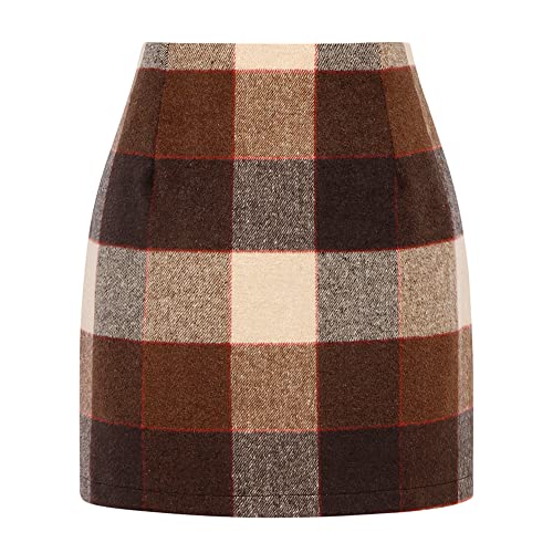 Kinghua Womens Wool Plaid Mini Skirt Fall Winter High Waisted Bodycon Pencil Skirt
