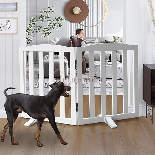 Image of Freestanding Pet Gate, Folding Safety Fence Wooden Kids & Dog Gate with 2PCS Support Feet Ideal for Stairs, Doorways, Halls, Kitchens, Indoors Gates, 24 inch(60 Cm), White (2 Panel)