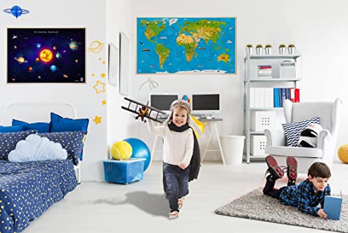 Illustrierte Weltkarte für Kinder und Erwachsene / Poster XXL (82 x 44 cm), laminiertes Massivpapier (Stärke 300g/m²), Bonus Poster des Sonnensystems und 3D Aufkleber von WIDETA