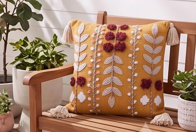 Image of Furnistitchs Handmade Cotton Bohemian Home Decor Cushion Cover 24x24 inches / 60x60 cms - Boho Chic Couch Sofa Throw Living Room Bedroom Cushions (2, Mustard Cherry Bloom)